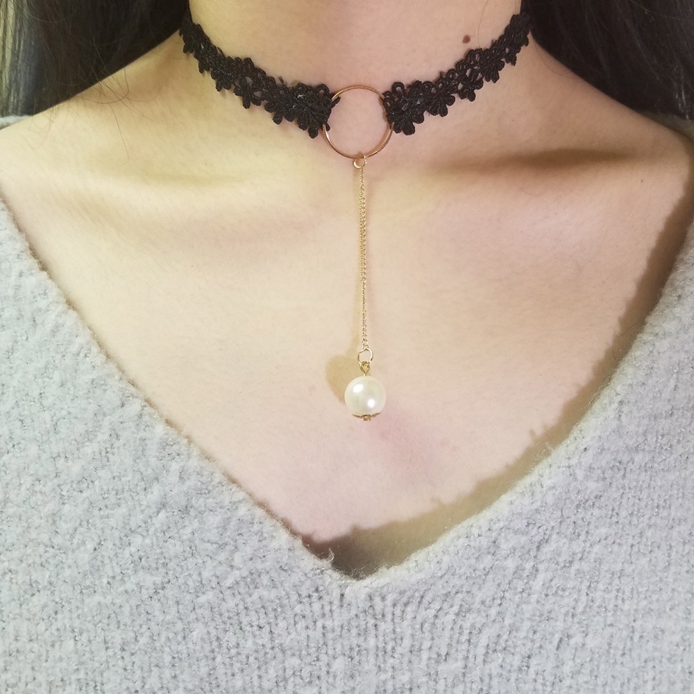 Black Lace Adjustable Choker with Hanging Pearl